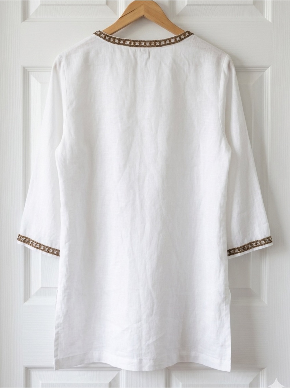 Chico’s White Linen Tunic Top Blouse M Beaded Embellished 3/4 Sleeve Boho - Picture 4 of 12